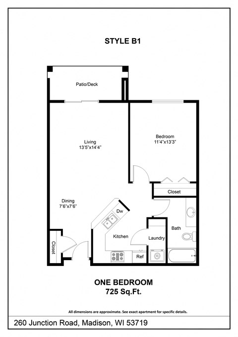 Floor plan for 1 bed, 1 bath, 725 sqft